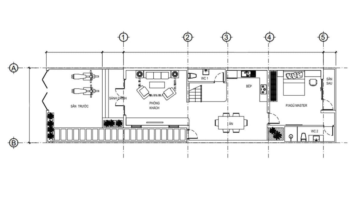 Bản vẽ chi tiết nhà cấp 4 đơn giản 5x20m