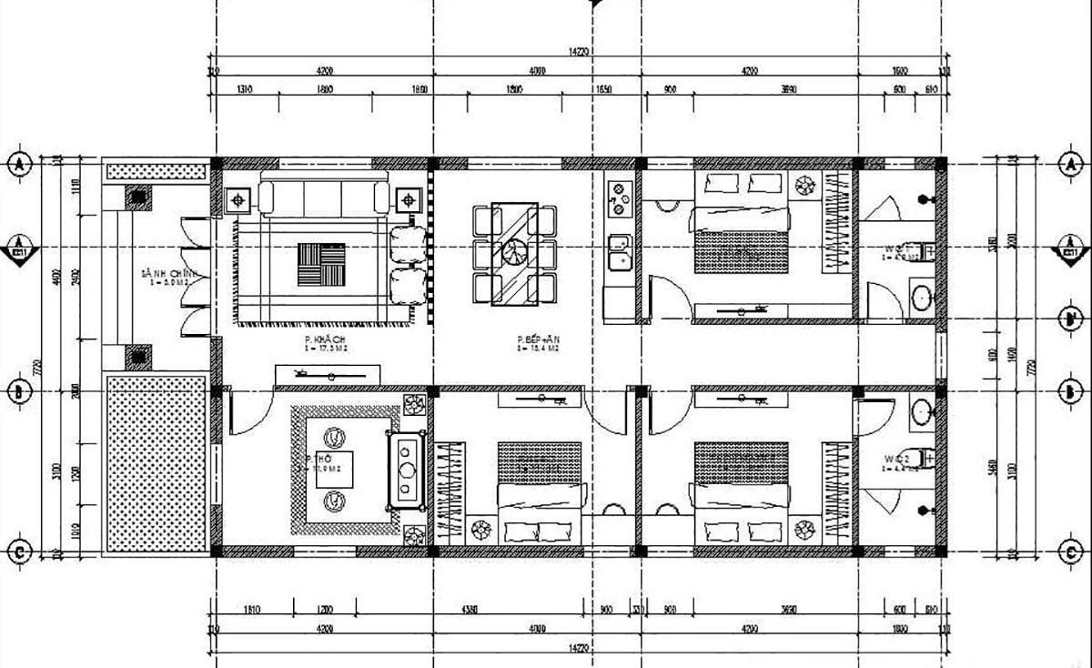 Bản vẽ chi tiết nhà ống cấp 4 mái Thái 